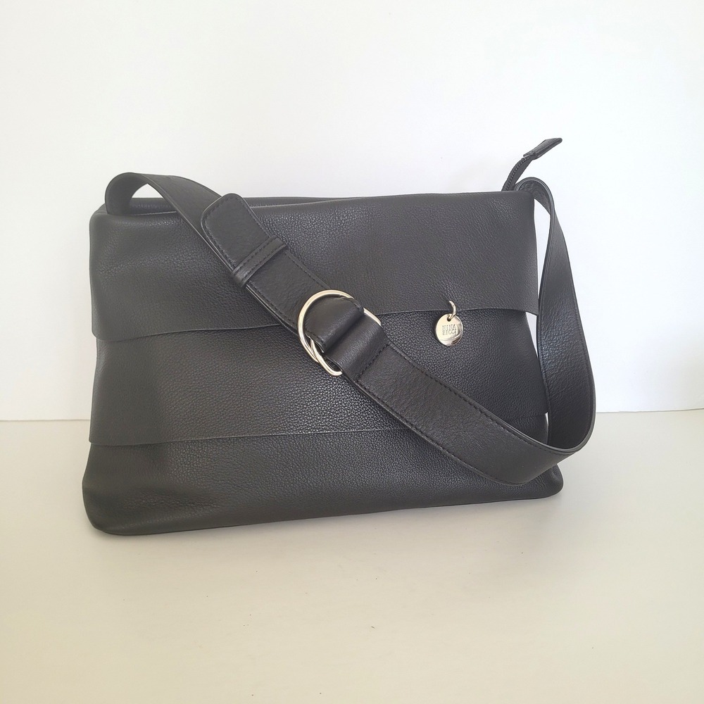 Nina Ricci Black Pebbled Leather Shoulder Bag Silver Hardware Logo Charm Medium